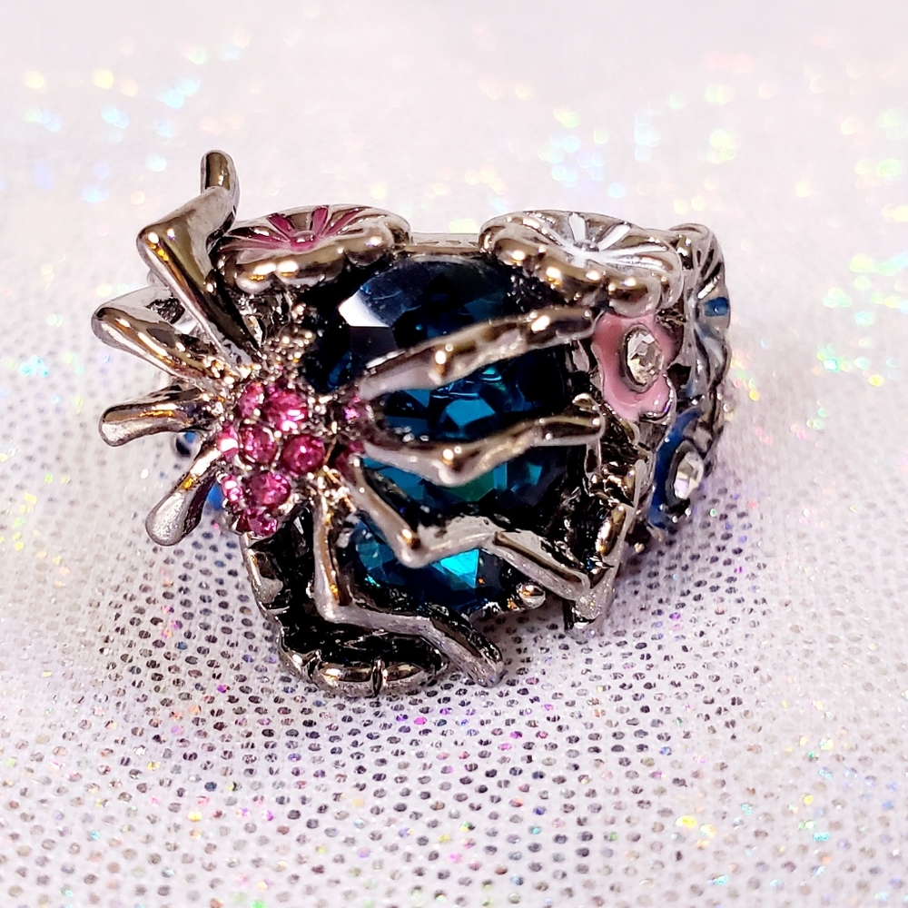 925 Silver Multicolor Crystal Floral Spider Ring